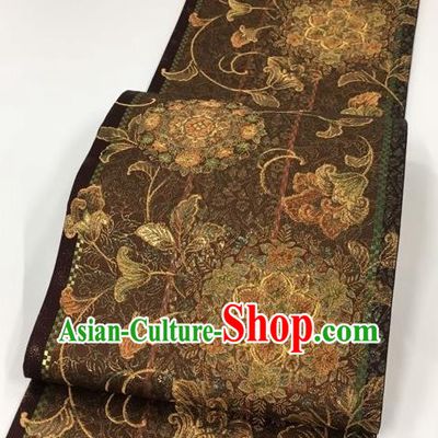 Japanese Kimono Classical Pattern Brown Brocade Belt Asian Japan Traditional National Yukata Waistband for Women