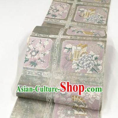 Japanese Kimono Classical Plum Peony Pattern Light Grey Brocade Belt Asian Japan Traditional National Yukata Waistband for Women