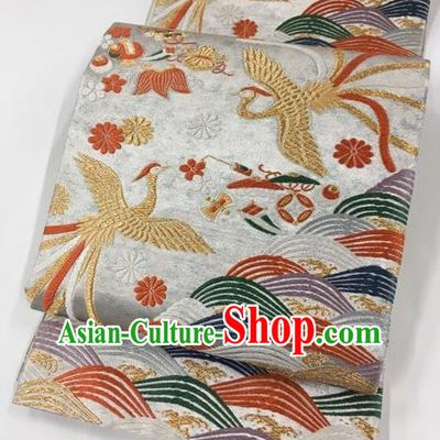 Japanese Kimono Classical Phoenix Pattern White Brocade Belt Asian Japan Traditional National Yukata Waistband for Women