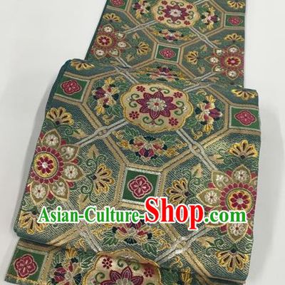 Japanese Kimono Classical Pattern Green Brocade Belt Asian Japan Traditional National Yukata Waistband for Women