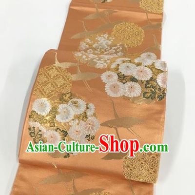 Japanese Kimono Classical Daisy Cranes Pattern Orange Brocade Belt Asian Japan Traditional National Yukata Waistband for Women