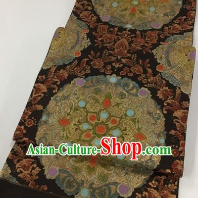 Japanese Kimono Classical Round Pattern Black Brocade Belt Asian Japan Traditional National Yukata Waistband for Women