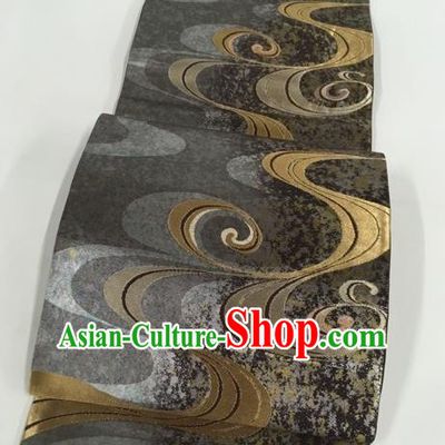 Japanese Kimono Classical Flow Pattern Grey Brocade Belt Asian Japan Traditional National Yukata Waistband for Women