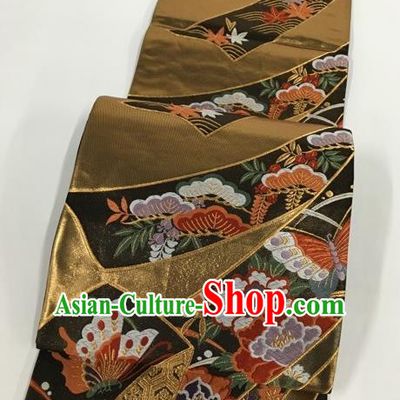 Japanese Kimono Classical Butterfly Peony Pattern Brown Brocade Belt Asian Japan Traditional National Yukata Waistband for Women