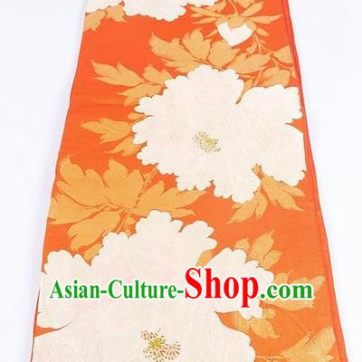 Japanese Traditional Kimono Classical Peony Pattern Orange Brocade Belt Asian Japan National Yukata Waistband for Women