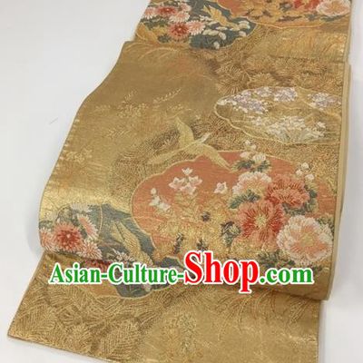 Japanese Kimono Classical Peony Birds Pattern Golden Brocade Belt Asian Japan Traditional National Yukata Waistband for Women