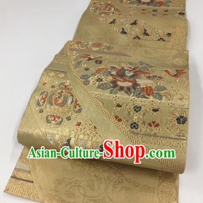 Japanese Kimono Classical Phoenix Peony Pattern Golden Brocade Belt Asian Japan Traditional National Yukata Waistband for Women