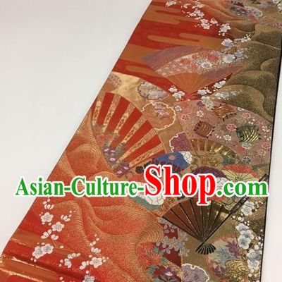 Japanese Kimono Classical Fan Pattern Red Brocade Belt Asian Japan Traditional National Yukata Waistband for Women
