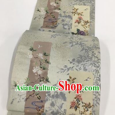 Japanese Kimono Classical Pear Flowers Pattern Grey Brocade Belt Asian Japan Traditional National Yukata Waistband for Women