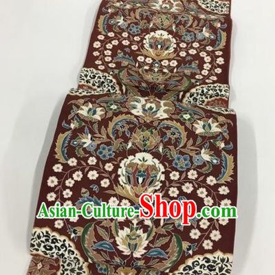 Japanese Kimono Classical Pattern Purplish Red Brocade Belt Asian Japan Traditional National Yukata Waistband for Women