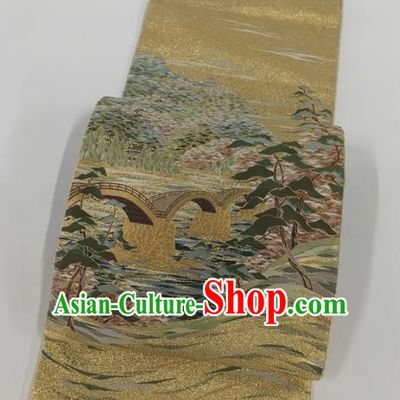 Japanese Kimono Classical Bridge Pattern Golden Brocade Belt Asian Japan Traditional National Yukata Waistband for Women