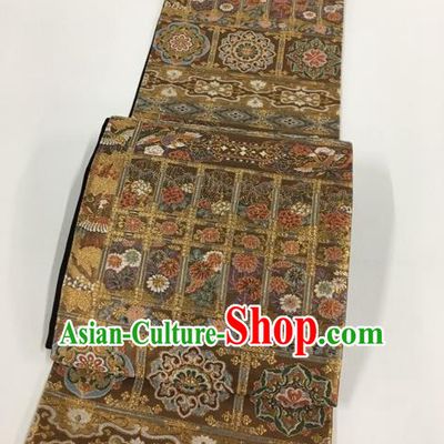 Japanese Kimono Classical Chrysanthemum Pattern Bronze Brocade Belt Asian Japan Traditional National Yukata Waistband for Women