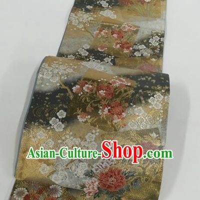 Japanese Kimono Classical Plum Peony Pattern Black Brocade Belt Asian Japan Traditional National Yukata Waistband for Women