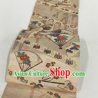 Japanese Kimono Classical Peony Fan Pattern Champagne Brocade Belt Asian Japan Traditional National Yukata Waistband for Women