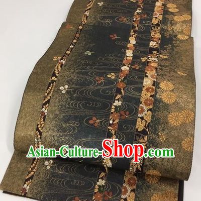 Japanese Kimono Classical Chrysanthemum Pattern Black Brocade Belt Asian Japan Traditional National Yukata Waistband for Women