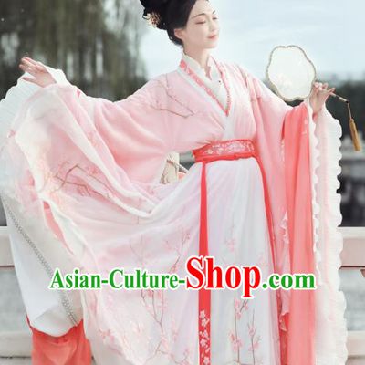 Ancient Chinese Jin Dynasty Court Princess Replica Costume Traditional Mythology Peri Pink Embroidered Hanfu Dress for Women
