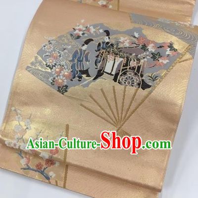 Japanese Kimono Classical Plum Fan Pattern Design Golden Brocade Belt Asian Japan Traditional National Yukata Waistband for Women
