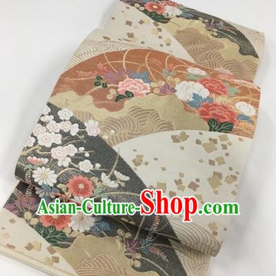 Japanese Kimono Classical Peony Pattern Design Beige Brocade Belt Asian Japan Traditional National Yukata Waistband for Women