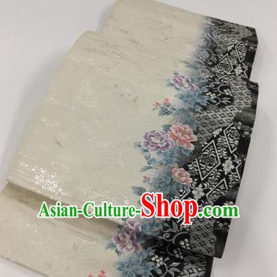 Japanese Kimono Classical Peony Pattern Design White Brocade Belt Asian Japan Traditional National Yukata Waistband for Women