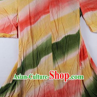 Japanese Traditional Ceremony Costume Printing Yellow Furisode Kimono Asian Japan National Yukata Dress for Women