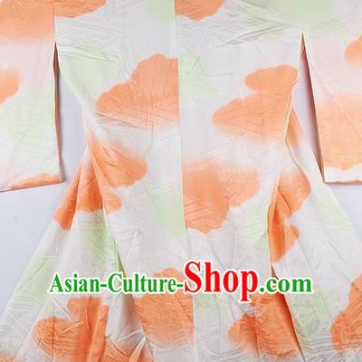Japanese Traditional Ceremony Costume Orange Printing Furisode Kimono Asian Japan National Yukata Dress for Women