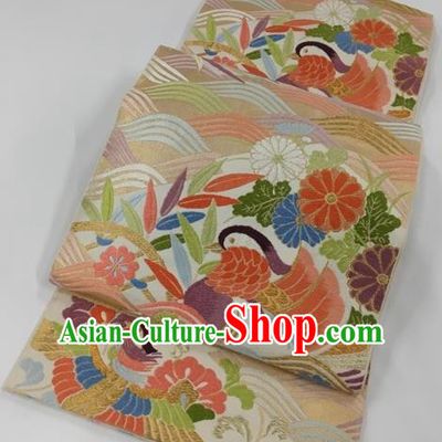 Japanese Kimono Classical Mandarin Duck Chrysanthemum Pattern Design Brocade Belt Asian Japan Traditional National Yukata Waistband for Women