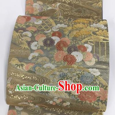Japanese Kimono Classical Chrysanthemum Pattern Design Khaki Brocade Belt Asian Japan Traditional National Yukata Waistband for Women