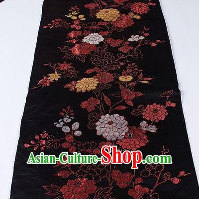 Japanese Kimono Classical Peony Pattern Design Black Brocade Belt Asian Japan Traditional National Yukata Waistband for Women