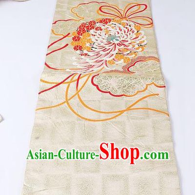Japanese Kimono Classical Chrysanthemum Pattern Design Beige Brocade Belt Asian Japan Traditional National Yukata Waistband for Women