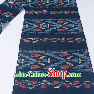 Japanese Kimono Classical Orchid Pattern Design Navy Brocade Belt Asian Japan Traditional National Yukata Waistband for Women
