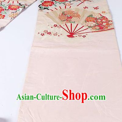 Japanese Ceremony Kimono Classical Peony Fan Pattern Design Beige Brocade Belt Asian Japan Traditional Yukata Waistband for Women
