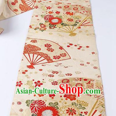 Japanese Ceremony Kimono Classical Chrysanthemum Fan Pattern Design Beige Brocade Belt Asian Japan Traditional Yukata Waistband for Women