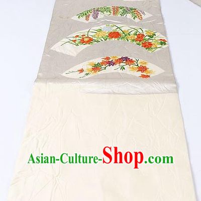 Japanese Kimono Classical Orchid Peony Pattern Design White Brocade Belt Asian Japan Traditional National Yukata Waistband for Women