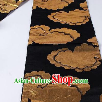 Japanese Ceremony Kimono Classical Clouds Pattern Design Black Brocade Belt Asian Japan Traditional Yukata Waistband for Women