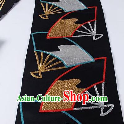 Japanese Ceremony Kimono Classical Fans Pattern Design Black Brocade Belt Asian Japan Traditional Yukata Waistband for Women