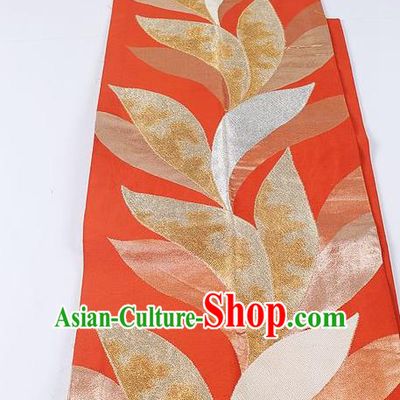 Japanese Ceremony Kimono Classical Leaf Pattern Design Orange Brocade Belt Asian Japan Traditional Yukata Waistband for Women