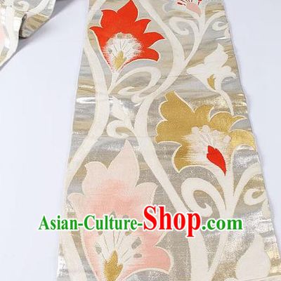 Japanese Ceremony Kimono Classical Twine Pattern Design Grey Brocade Belt Asian Japan Traditional Yukata Waistband for Women