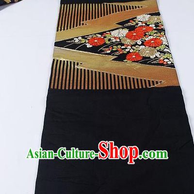 Japanese Ceremony Kimono Classical Chrysanthemum Pattern Design Black Brocade Belt Asian Japan Traditional Yukata Waistband for Women