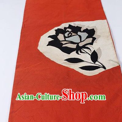 Japanese Ceremony Kimono Classical Rose Pattern Design Red Brocade Belt Asian Japan Traditional Yukata Waistband for Women