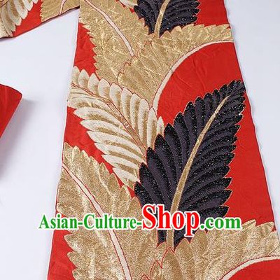 Japanese Kimono Classical Leaf Pattern Design Red Brocade Belt Asian Japan Traditional National Yukata Waistband for Women