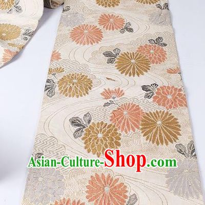 Japanese Kimono Classical Chrysanthemum Pattern Design Beige Brocade Belt Asian Japan Traditional National Yukata Waistband for Women