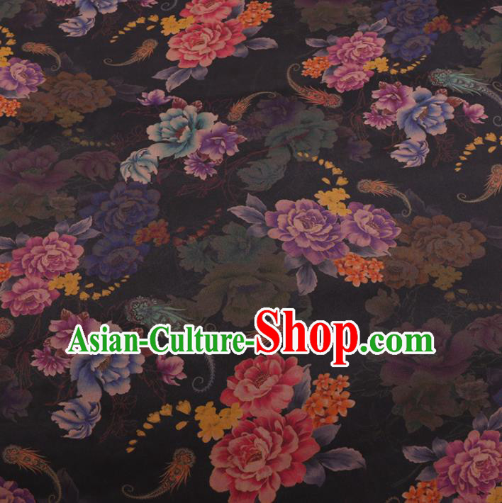 Traditional Chinese Black Gambiered Guangdong Gauze Classical Peony Pattern Design Silk Fabric Traditional Chinese Black Gambiered Guangdong Gauze Classical Peony Pattern Design Silk Fabric