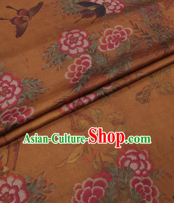 Traditional Chinese Yellow Gambiered Guangdong Gauze Classical Peony Butterfly Pattern Design Silk Fabric Traditional Chinese Yellow Gambiered Guangdong Gauze Classical Peony Butterfly Pattern Design Silk Fabric