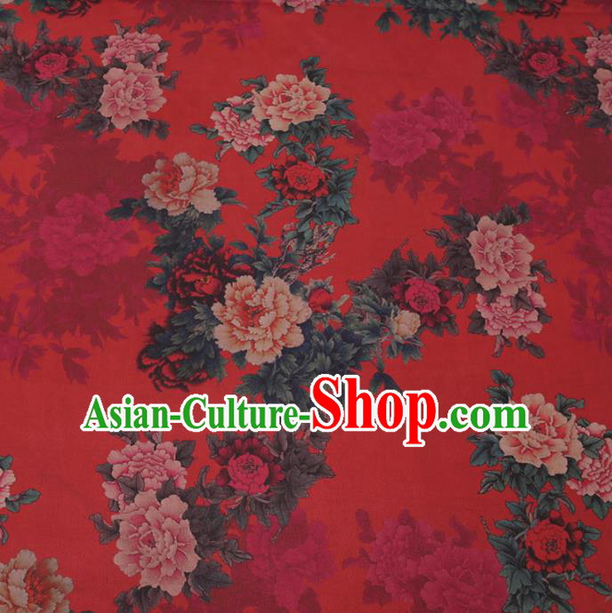 Traditional Chinese Red Gambiered Guangdong Gauze Classical Peony Pattern Design Silk Fabric Traditional Chinese Red Gambiered Guangdong Gauze Classical Peony Pattern Design Silk Fabric