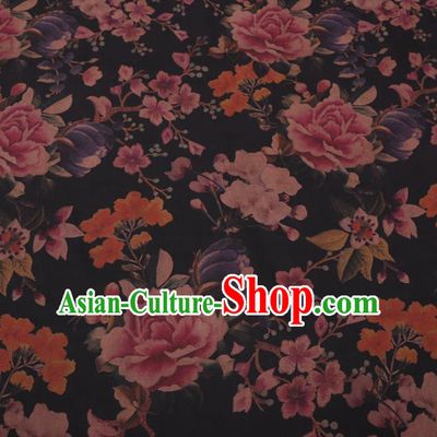 Traditional Chinese Classical Peony Pattern Design Black Gambiered Guangdong Gauze Asian Brocade Silk Fabric