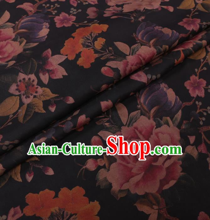 Traditional Chinese Classical Peony Pattern Design Black Gambiered Guangdong Gauze Asian Brocade Silk Fabric