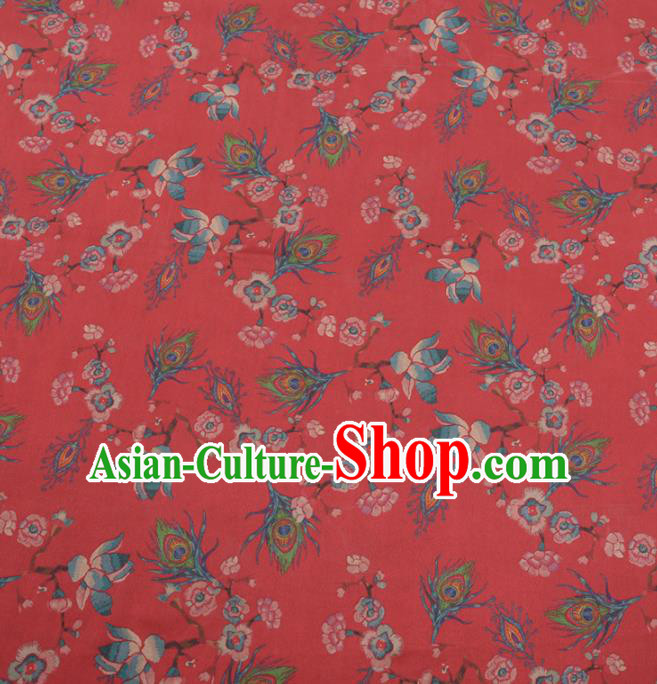 Traditional Chinese Classical Feather Pattern Design Red Gambiered Guangdong Gauze Asian Brocade Silk Fabric Traditional Chinese Classical Feather Pattern Design Red Gambiered Guangdong Gauze Asian Brocade Silk Fabric