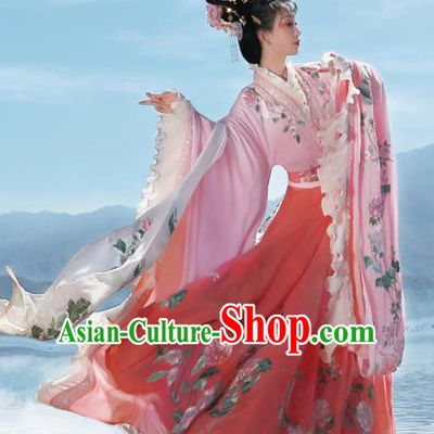 Ancient Chinese Legend Goddess Peony Pink Hanfu Dress Traditional Jin Dynasty Imperial Consort Embroidered Replica Costume for Women