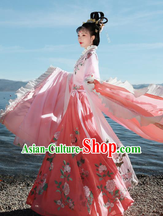 Ancient Chinese Legend Goddess Peony Pink Hanfu Dress Traditional Jin Dynasty Imperial Consort Embroidered Replica Costume for Women