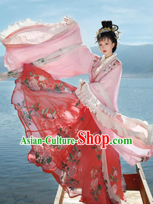 Ancient Chinese Legend Goddess Peony Pink Hanfu Dress Traditional Jin Dynasty Imperial Consort Embroidered Replica Costume for Women